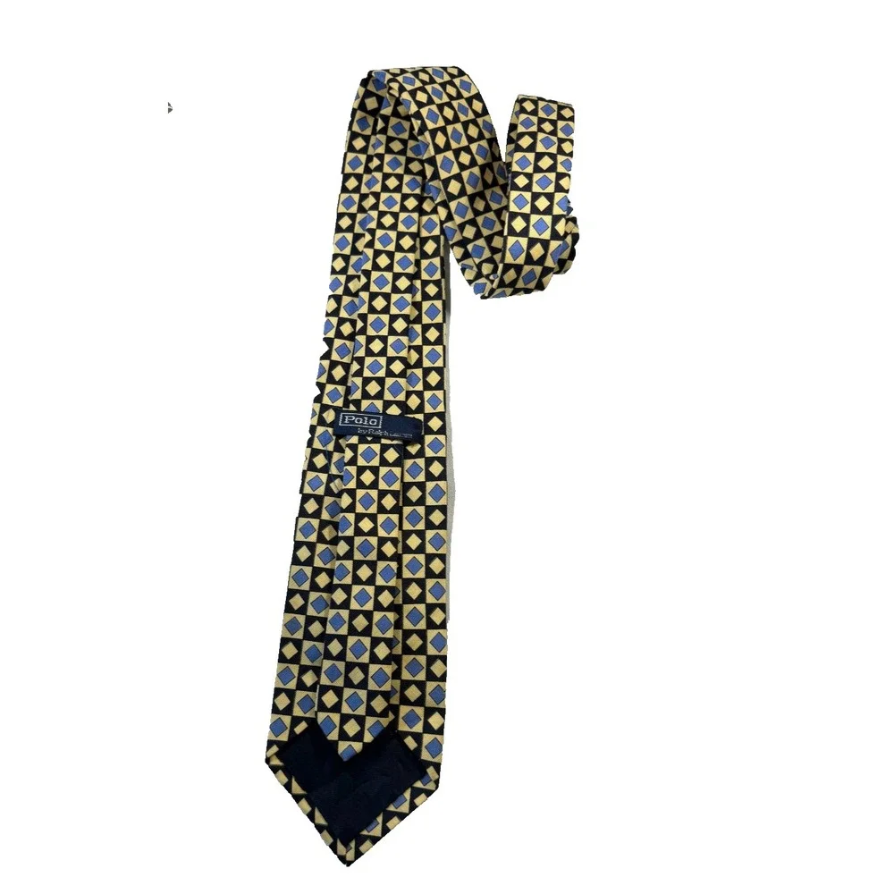 Polo Ralph Lauren Silk Tie Yellow Blue Geometric Diamond Handmade Germany Mens